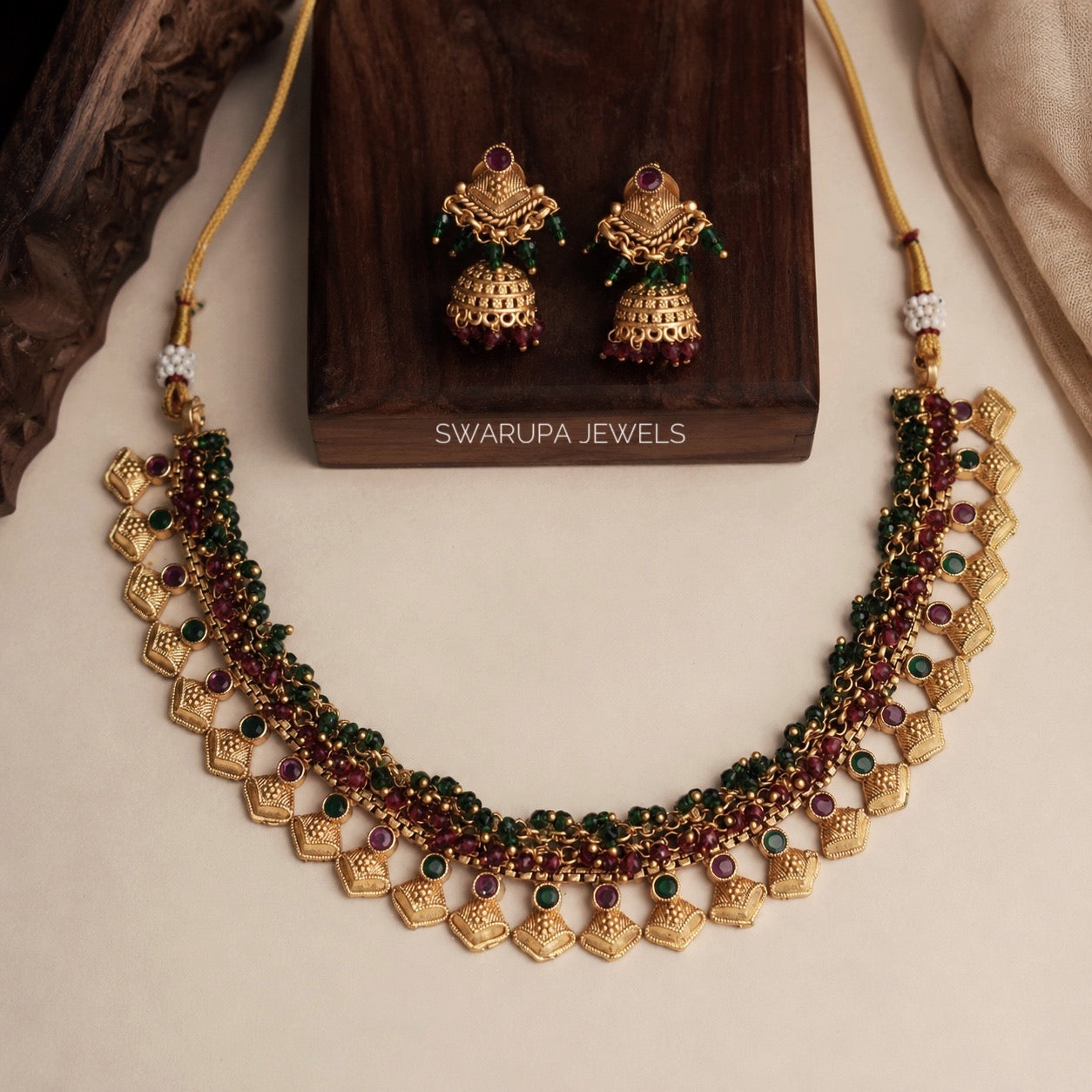 Padmika Antique Necklace Set - Ruby green
